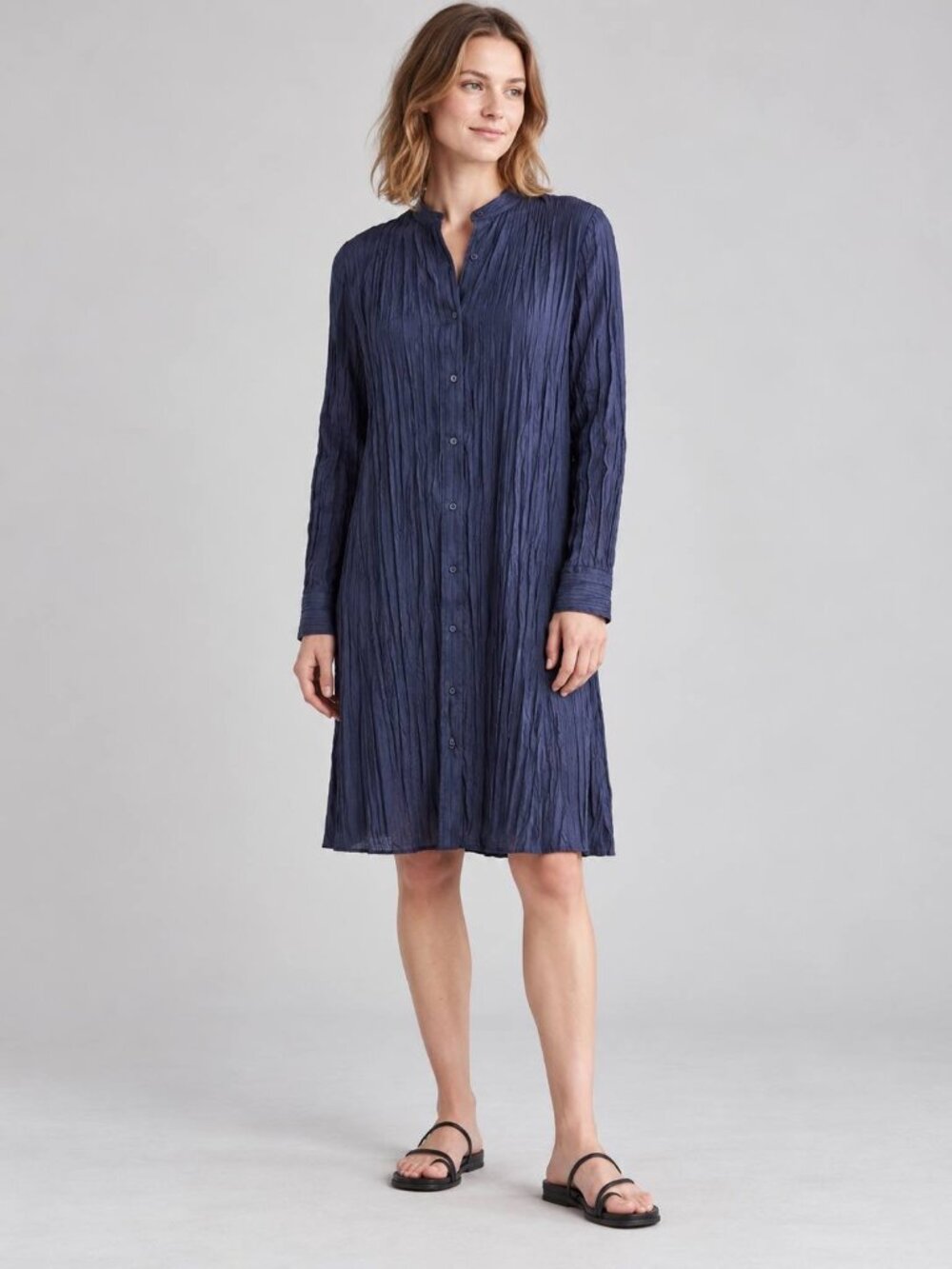 Eileen Fisher Crushed Silk Shirt Dress Women Midnight Navy Band Collar XXS NWT